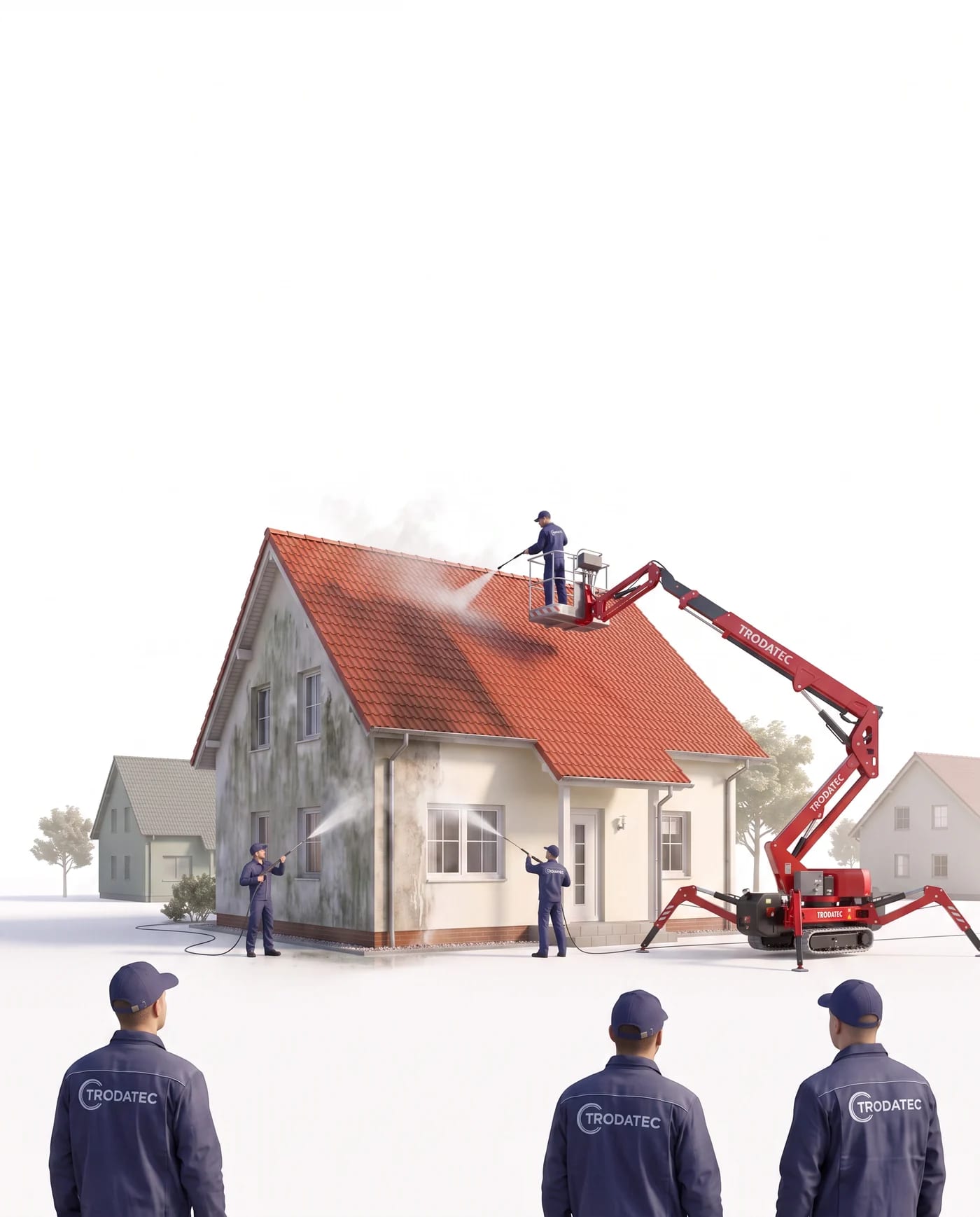 Illustration: TRODATEC-Team reinigt die Fassade und das Dach eines Einfamilienhauses mit Hochdrucklanzen und Raupen-Arbeitsbühne, linke Wandhälfte noch veralgt, rechte bereits gereinigt