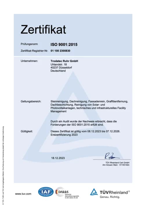 ISO-9001-Zertifikat der Trodatec Ruhr GmbH (TÜV Rheinland)